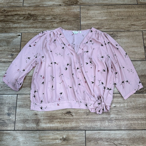 Reitmans The Short cut bird print blouse Size XXL Pink side tie Shirt 2X - Picture 8 of 14